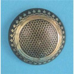 A Victorian tortoiseshell gold pique circular brooch (lacks pin)...