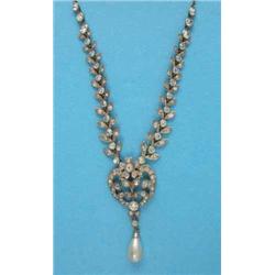 A 935 standard silver necklace, set clear pastes with simulated pearl drop, on trace link back ch...