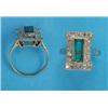 Image 1 : An 18ct white gold synthetic emerald and diamond rectangular cluster ring, the collet set slender...