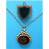Image 1 : An 18ct gold mounted hardstone swivel fob seal, on gold tracelink chain, together with a shield s...