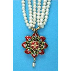 A 3-row uniform cultured pearl necklace, supporting an Indian Moghul design polychrome enamelled...