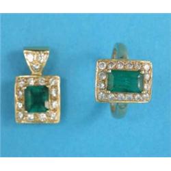 A gold, emerald and diamond rectangular cluster ring, together with a similar emerald and diamond...