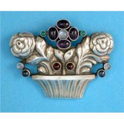 A Georg Jensen gemstone set silver brooch, designed as a basket of flowers, No.67...