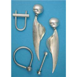 A pair of Georg Jensen earrings, No.481 together with 3 key rings...