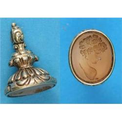 A Victorian gold fob seal intaglio, the matrix carved with a classical female profile...