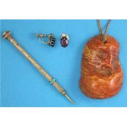 A Victorian gold retractable pencil set turquoises with amethyst seal top, an amber pendant on go...