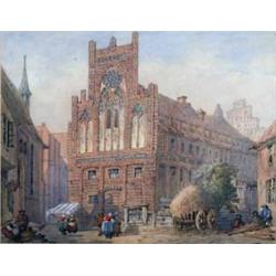 Flemish School watercolour watercolour, Street scene with church, 12.5 x 15.5 ins....