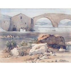 Attributed to Walter Crane (1845-1915) watercolour, Continental river bridge, 9 x 11.5 ins....