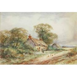 Alexander Molyneux Stannard (1878-1975) watercolour, Thatched cottages beside a lane, signed, 7 x...