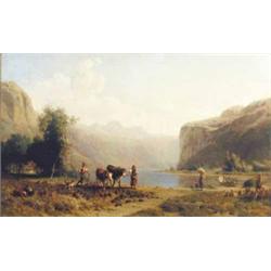 Karl Girardet (1813-1871) Swiss oil on canvas, Lake scene with figures ploughing, at rest and a s...