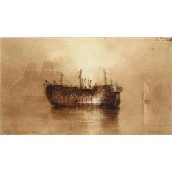 Calvert Richard Jones (1806-1877) watercolour, Prison Hulk, Portsmouth, signed, and dated 1840, 5...