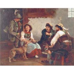 Andre Collin (1862-1930) Belgian oil on wooden panel, "Die Sennezin" ; Austrian cottage interior,...