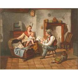 Andre Collin (1862-1930) Belgian oil on wooden panel, "Der erste Gebertstag"; Cottage interior, s...