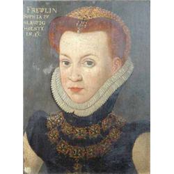 17th C. Continental School oil on wooden panel, Portrait of a girl with ruff, Inscribed "Frewlin...