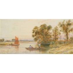Edward Beecham Lait (19th C) watercolour, Figures boating upon a river, 4.75 x 9.25 ins....