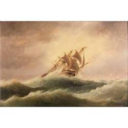 Thomas L Hornbrook (1780-1850) oil on prepared panel, Shipping on a rough sea, signed, 10 x 15 in...