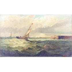 R Roberts (19th C) oil on canvas, Shipping off the coast, signed, 12 x 20 ins....