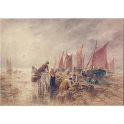Sarah Louise Kilpack (fl. 1880-1909) oil on board, Fishermens wives sorting the catch, signed, 10...