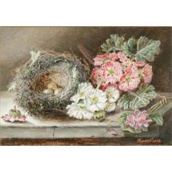 Oliver Clare (1853-1927) oil on board, Still life of a birds nest and blossom, signed, 5.5 x 8 in...