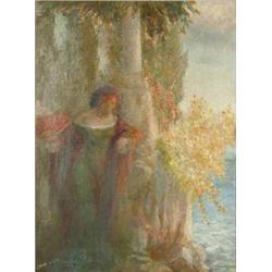 Angell Ramirez oil on canvas, Lady holding a fan, beside the sea, signed, 16 x 12 ins....