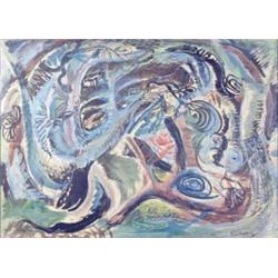 Lesley Moore (1913-1984) mixed media, "Wood at Merthyr Manor, Glam.." signed and dated '50, 19.5...