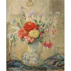 Florence Englebach (1872-1951) oil on canvas, Still life of flowers in a vase, signed, 24 x 20 in...