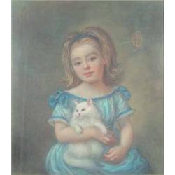 Marine Kuznetsoua (Russian) pastel, Girl with a white kitten, monogrammed, 22 x 19 ins....