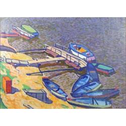 Yuri Matuskovski (1950 - 99) Russian oil on board, Boat Station, signed, 22 x 29.5 ins....