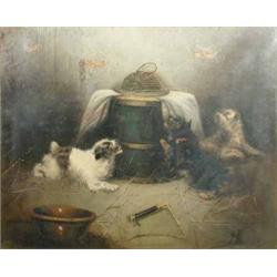 George Armfield (fl.1840-1875) oil on canvas, Terriers ratting in a barn, signed, 25 x 30 ins....