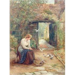 Ernest Walbourn (1872-1927) oil on board, Lady in a garden feeding pigeons and doves, signed, 24...
