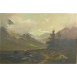 J Stuart Davidson oil on canvas, Highland cattle on a hillside, signed, 40 x 60 ins....