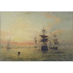 Adolphus Knell (fl.1860-1890) oil on canvas, Shipping in harbour at sunset, signed, 7 x 10 ins....