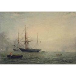 Adolphus Knell (fl.1860-1890) oil on canvas, Shipping at anchor, signed, 7 x 10 ins....