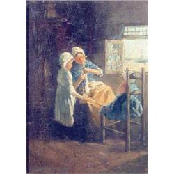 Continental School oil on wooden panel, The Sewing Lesson, indistinctly signed, 14 x 10 ins....