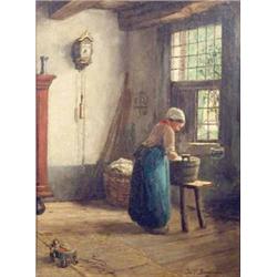 19th C. Flemish School oil on canvas, Interior with maid washing clothes, indistinctly signed, 16...