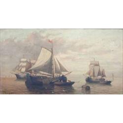 J Everard oil on canvas, Shipping on a calm sea, signed and dated 1882, 18 x 32 ins....