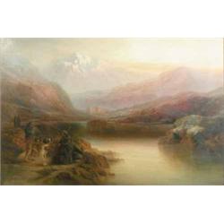 David Bates (c.1841-1921) oil on canvas, Figures and St Bernards in a Swiss Valley, signed and da...