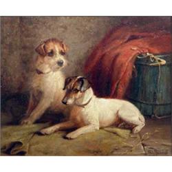 John Fitz Marshall (1859-1932) oil on board, Fox terriers in a scullery, signed, 8 x 9.5 ins....