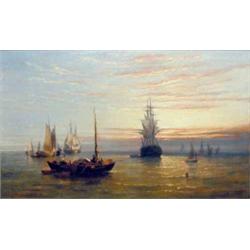 William Adolphus Knell (1805-1875) oil on canvas, Shipping at sunset, signed and dated '59, 18 x...