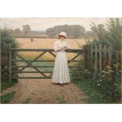 Edmund Blair Leighton (1853-1922) unframed oil on wooden panel, "Happy Thoughts", signed and date...