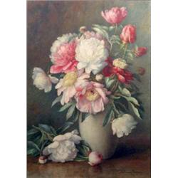 S. Emma Cheyney (Exh. 1889-1906) watercolour, Still life of paeonies in a white vase, signed, 21...