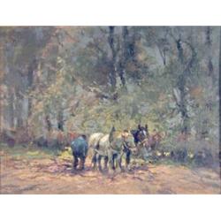 William B Lamond (1857-1924) oil on canvas, Plough horses beside woodland, signed, 14 x 18 ins....