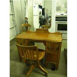 VINTAGE OAK OFFICE CHAIR/ANTIQUE VANITY WITH MIRROR