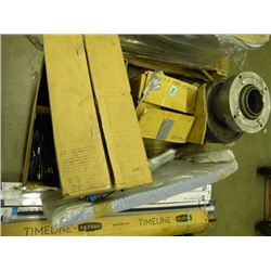 SKID OF A BEARING/3/4"X 2" NUTS AND BOLTS/POWER CORDS/BOX OF RODS/2 LED FLOOR BARS/PAINT STIR STICKS