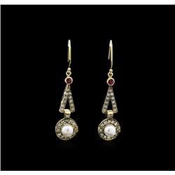 Pearl, Ruby and Diamond Earrings - 18KT Yellow Gold