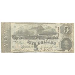 1863 $5 The Confederate States of America Note T-60 CC