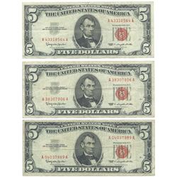 1963 $5 Fine Red Seal Bill Lot of 3