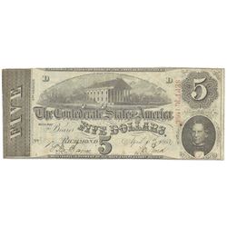 1863 $5 The Confederate States of America Note T-60 CC