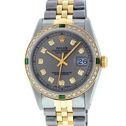 Rolex Mens 2T Yellow Gold & SS Slate Grey Diamond And Emerald Datejust Wristwatc