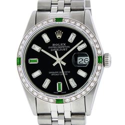 Rolex Mens SS Black Baguette Diamond And Emerald Datejust Wristwatch